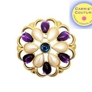 Vintage Signed Trifari Tm Faux-Pearl, Faux-Amethyst & Faux-Sapphire Brooch